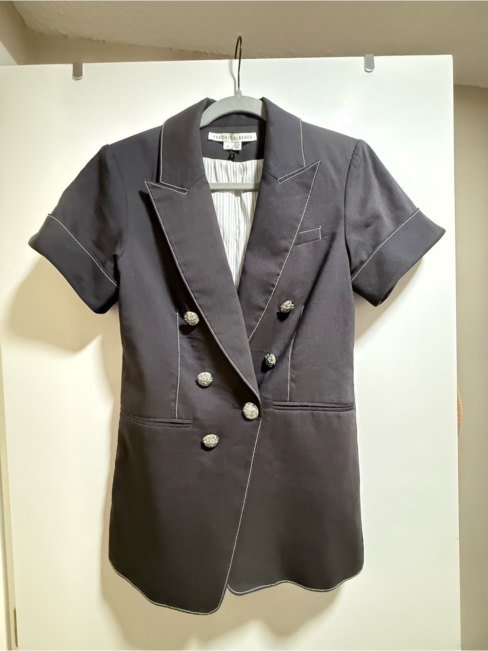 Veronica Beard Black Short-Sleeve Double-Breasted Blazer with Contrast Stitching